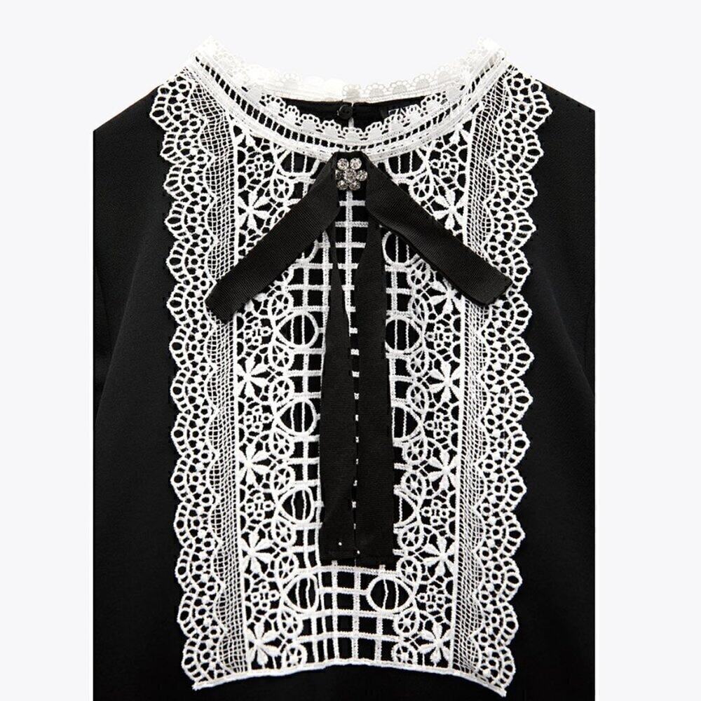Zara NWT Black Contrast Lace Tie Front Ruffle Mini Dress S M - Picture 15 of 16